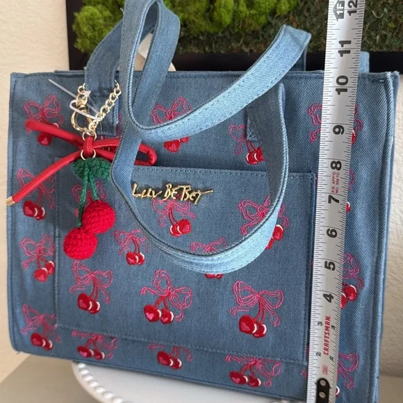 Betsey Johnson Blue Denim Tote with Red Cherry Embroidery - Picture 2 of 5